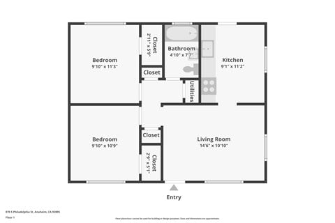 Floor plan for 2 beds, 1 bath